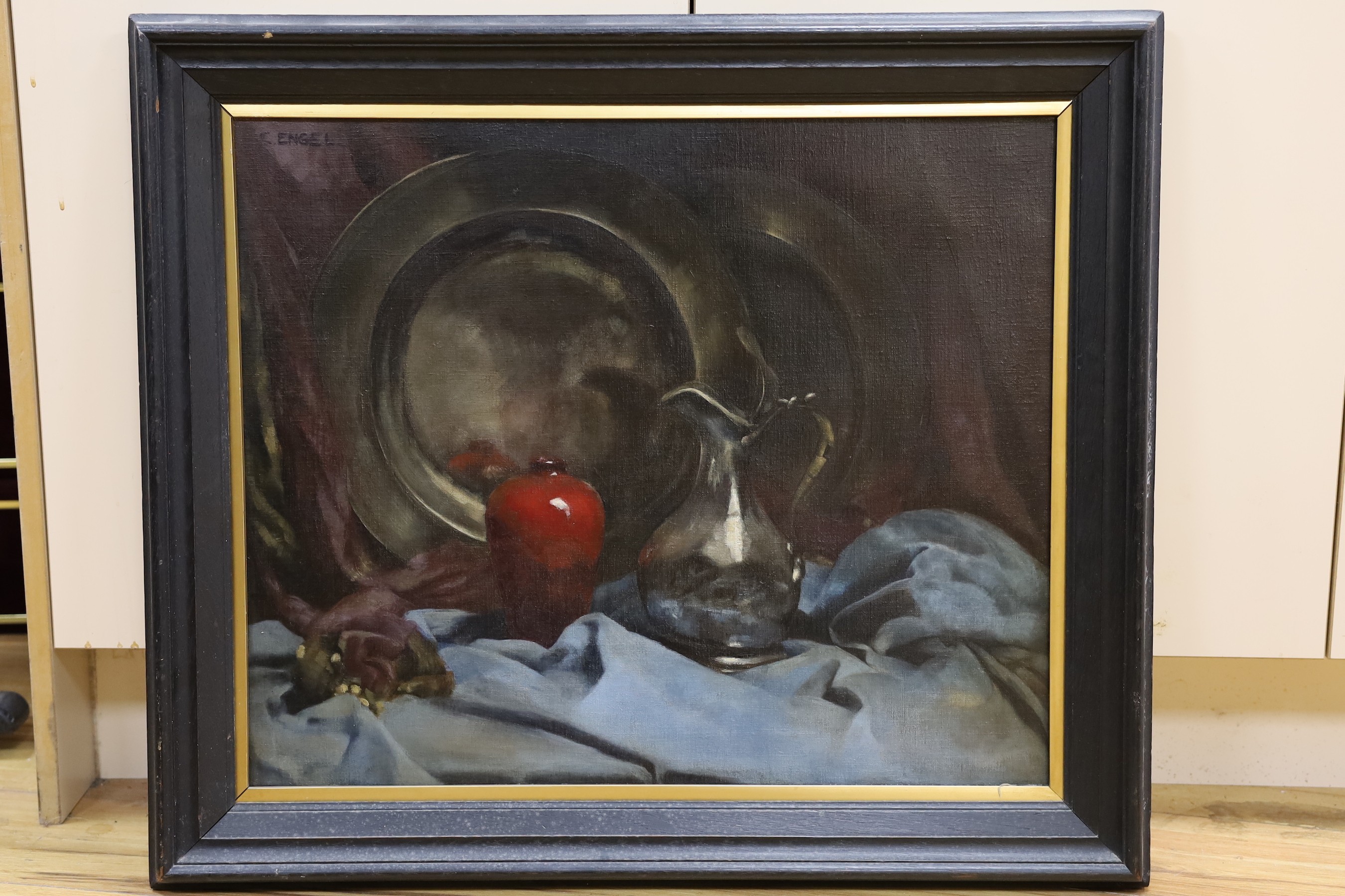 C. Engel, oil on canvas, still life of a jug, vase and chargers, signed, 52 cm at 62 cm